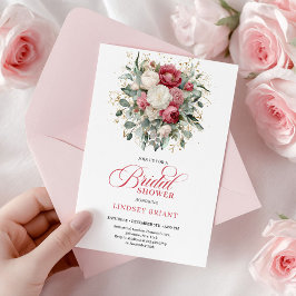 Modern Boho Red Blush Greenery Gold Bridal Shower 招待状