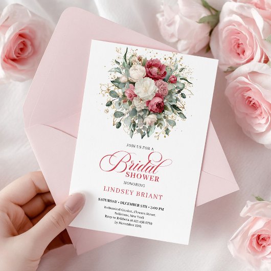 Modern Boho Red Blush Greenery Gold Bridal Shower 招待状