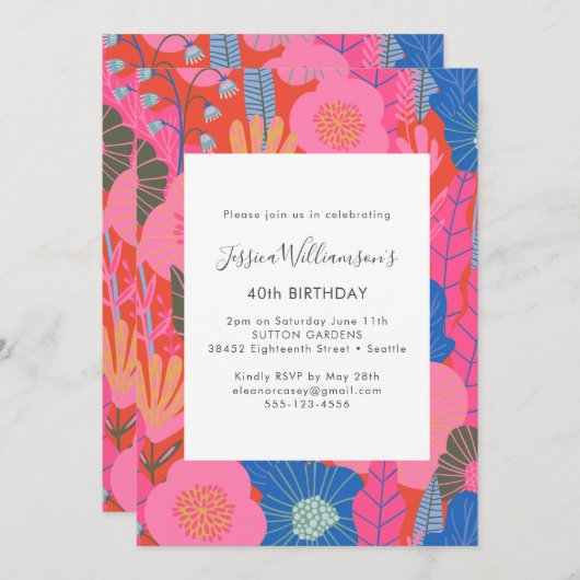 Modern Boho Red Floral 40th Birthday Party 招待状 (正面/裏面)