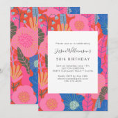 Modern Boho Red Floral 50th Birthday Party 招待状 (正面/裏面)