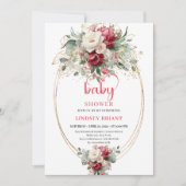 Modern Boho Red Pink Gold Floral Baby Invitation  招待状 (正面)