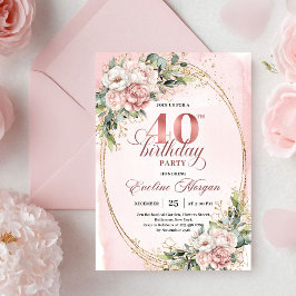 Modern Boho Rose Gold Flowers 40th Birthday Invite 招待状