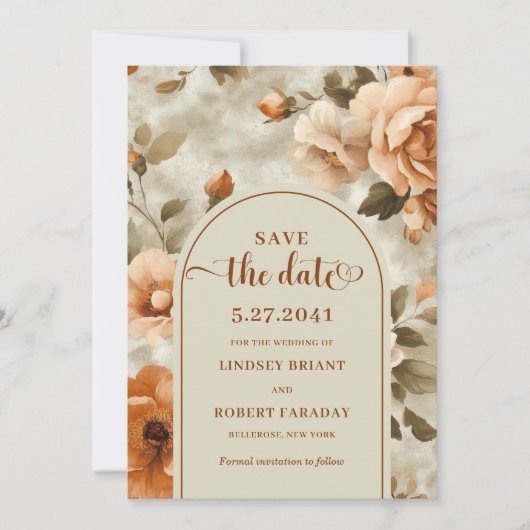 Modern Boho Terracotta Olive Floral Save The Date 招待状 (正面)