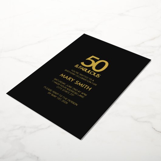 Modern Bold Black Fifty and Fabulous 50th Birthday 箔招待状 (回転した状態)