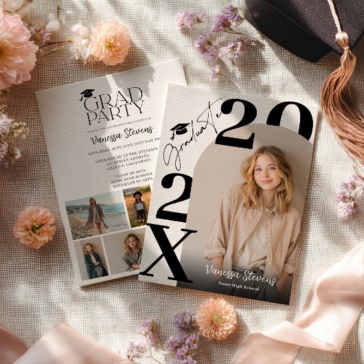 Modern Bold Black white Trendy 6 photos graduation 招待状