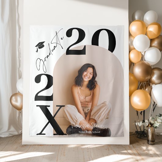 Modern Bold Black white Trendy photo graduation タペストリー