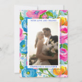 Modern Bold Bright Colorful Floral Photo Wedding サンキューカード (正面)