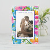 Modern Bold Bright Colorful Floral Photo Wedding サンキューカード (スタンド正面)