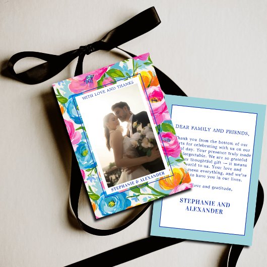 Modern Bold Bright Colorful Floral Photo Wedding サンキューカード