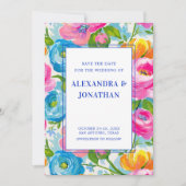 Modern Bold Bright Vibrant Colorful Floral Wedding セーブザデート (正面)