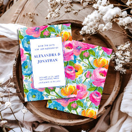 Modern Bold Bright Vibrant Colorful Floral Wedding セーブザデート