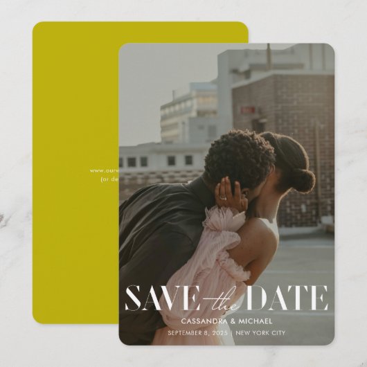 Modern Bold Chartreuse Photo Wedding Save Date 招待状 (正面/裏面)