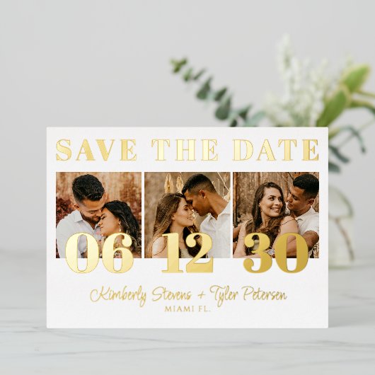 Modern bold date photo wedding save the date 箔招待状 (立ち正面)