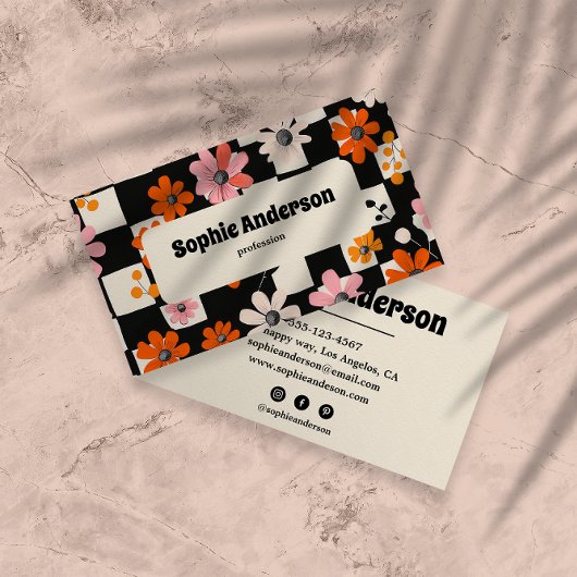Modern Bold Floral Checkered Business Card 名刺