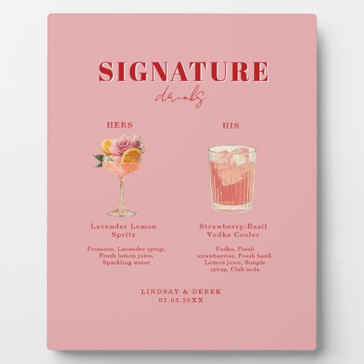 Modern Bold Font His & Hers Drinks Wedding フォトプラーク (正面)