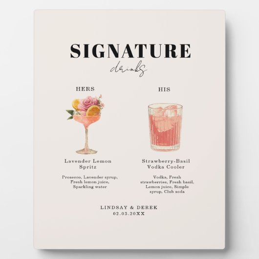 Modern Bold Font His & Hers Drinks Wedding フォトプラーク (正面)