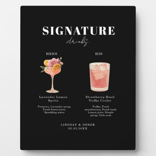 Modern Bold Font His & Hers Drinks Wedding フォトプラーク (正面)