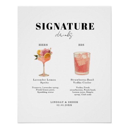 Modern Bold Font His & Hers Drinks Wedding ポスター (正面)