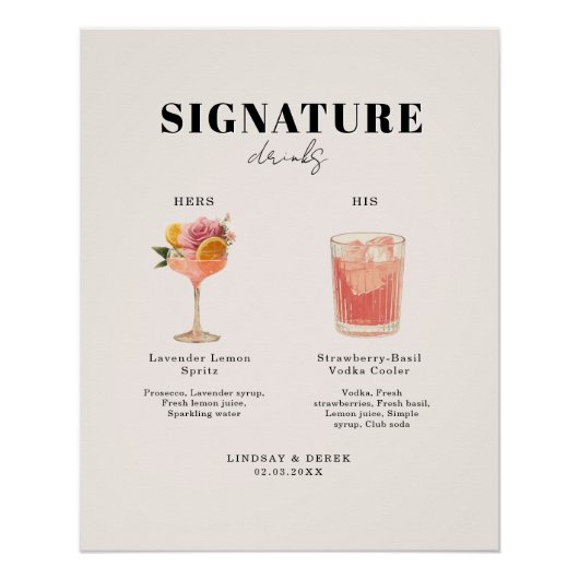 Modern Bold Font His & Hers Drinks Wedding ポスター (正面)