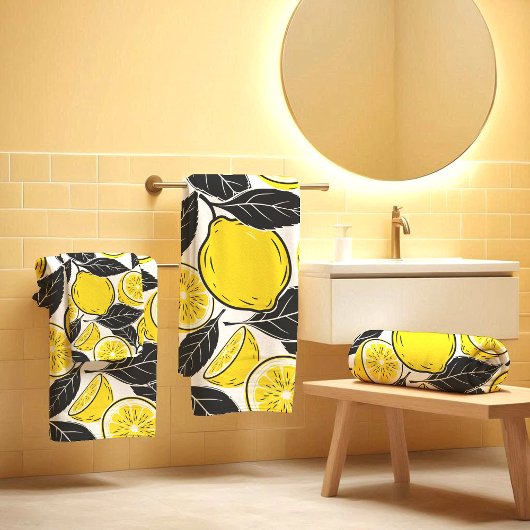 Modern Bold Lemon & Black Leaves  Seamless Pattern バスタオルセット