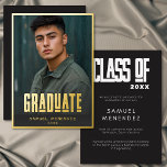 Modern Bold Photo Graduation Foil Announcement 箔招待状<br><div class="desc">Make a statement with this modern bold Photo graduation nnouncement featuring a full photo layout and striking gold foil typography. Perfect for high school graduate or college graduate celebrations,  this minimalist graduation design highlights your senior portrait with a clean,  contemporary style that stands out. Created by Simply Farmhouse Press.</div>