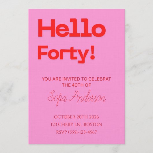 Modern Bold Pink Red Birthday Invitation 招待状 (正面)