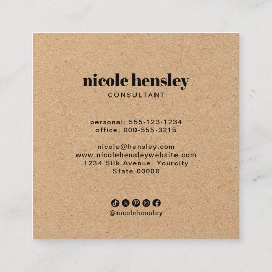 Modern Bold Professional Minimalist Rustic Kraft スクエア名刺 (裏面)