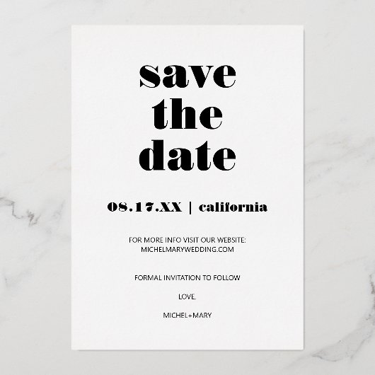 Modern bold script save the date wedding photo 箔招待状 (裏面)