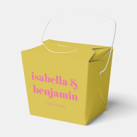 Modern Bold Typography Bright Pink Yellow Wedding フェイバーボックス (正面サイド)