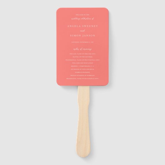 Modern Bold Vibrant Coral Simple Wedding Program ハンドファン (正面)