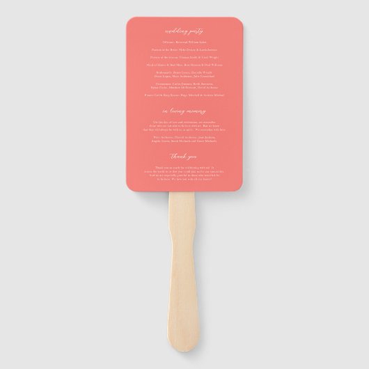 Modern Bold Vibrant Coral Simple Wedding Program ハンドファン (裏面)