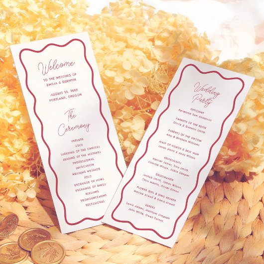 Modern Bold Wavy Frame Retro Red Wedding プログラム