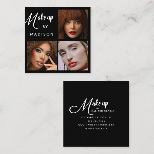 Modern Bold White Script 3 Photo Makeup スクエア名刺 (正面/裏面)
