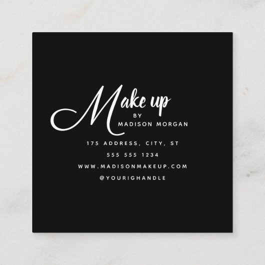 Modern Bold White Script 3 Photo Makeup スクエア名刺 (裏面)