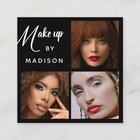 Modern Bold White Script 3 Photo Makeup スクエア名刺 (正面)