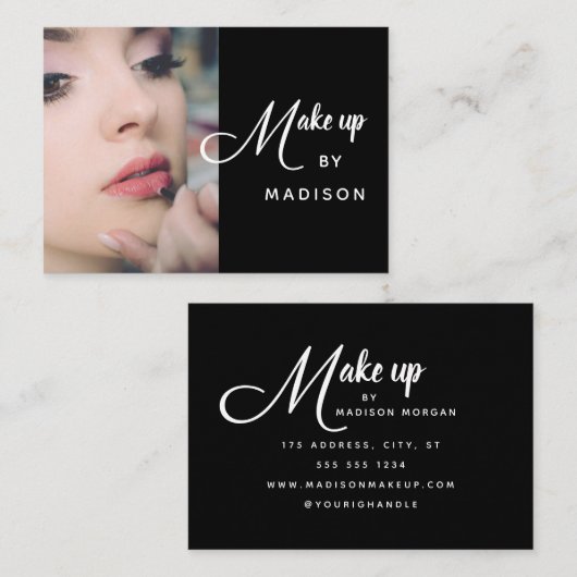 Modern Bold White Script Photo Makeup 名刺 (正面/裏面)