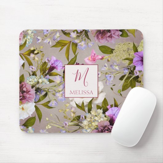 Modern Bold Wildflower Purple | Monogram Gift マウスパッド (マウス)