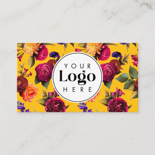 Modern Bold Yellow Floral Custom Logo QR Code 名刺 (正面)