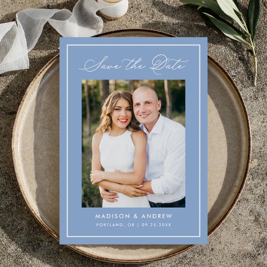 Modern Border Script Blue Photo Wedding セーブザデート