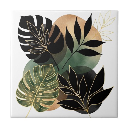 Modern Botanical Abstract Art Black and Gold Leave タイル (正面)