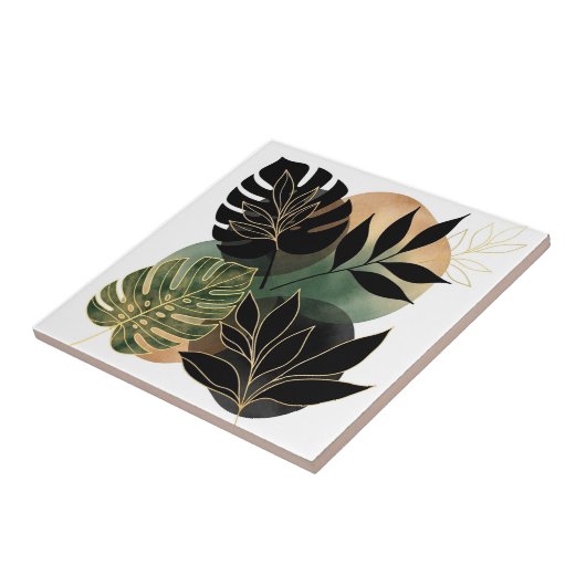 Modern Botanical Abstract Art Black and Gold Leave タイル (側面)