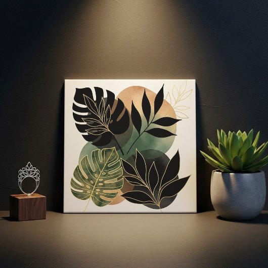 Modern Botanical Abstract Art Black and Gold Leave タイル