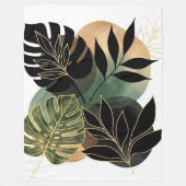 Modern Botanical Abstract Art Black and Gold Leave フリースブランケット (正面)