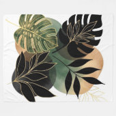 Modern Botanical Abstract Art Black and Gold Leave フリースブランケット (正面(横))