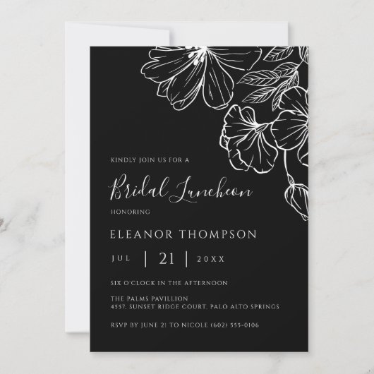 Modern Botanical Black Line Art Bridal Luncheon  招待状 (正面)