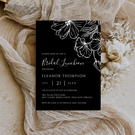 Modern Botanical Black Line Art Bridal Luncheon  招待状