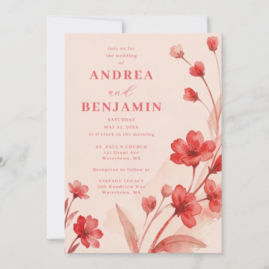 Modern Botanical Bloom Juicy Red Pinky Pink  招待状 (正面)