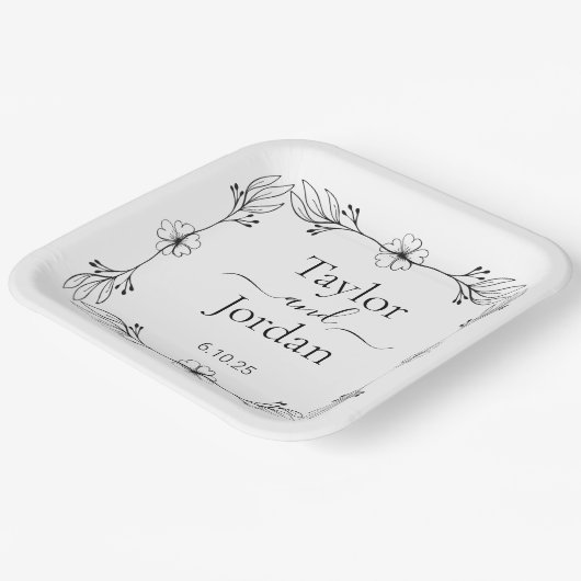 Modern Botanical Border Custom Name Wedding  ペーパープレート (傾斜あり)