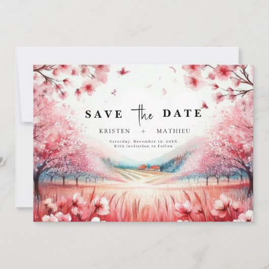Modern Botanical Cherry Blossom Wedding セーブザデート (正面)