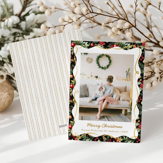 Modern Botanical Christmas Black and Gold 1 Photo シーズンカード